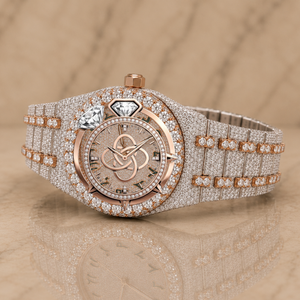 Montre de luxe pour femme en acier inoxydable avec diamants, mouvement à quartz analogique rond, 38 mm, ton or rose, entièrement sertie de pierres, fermoir déployant - Product Image 2