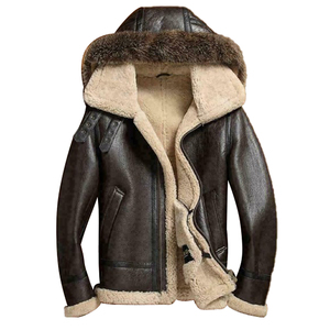 Chaqueta de Cuero Marrón para Hombre con Forro de Borrego, Capucha con Cuello de Piel, Cierre de Cremallera, Abrigo Cálido de Invierno, Corte Ajustado, Mangas Largas, Resistente al Viento - Product Image 4