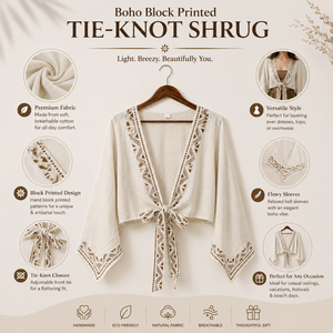 Shrug en coton à nouer devant |   Kimono Cardigan Bohème Imprimé à la Main pour Femme, Manches Cloche, Idéal pour l'Été, la Plage, les Festivals et les Vacances - Product Image 2