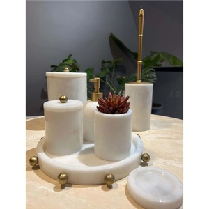 White Marble Bathroom Set 6-Piece Round Minimalist Soap Dispenser <b>Toothbrush</b> <b>Holder</b> Tray Easy To Clean - Product Image 1