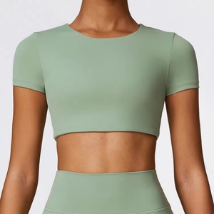 Summer Women’s Seamless Crop Top – Breathable Lightweight Crew Neck <b>Padded</b> Gym Fitness Shirt with Custom Logo - Product Image 2