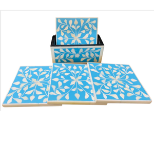Posavasos con incrustaciones de hueso y soporte, diseño floral azul y blanco, rectangular - Product Image 1