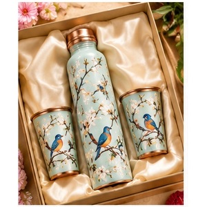 Juego de botellas de agua de cobre estilo oriental con diseño de pájaros y flores, recipientes portátiles para bebidas con tapas, para regalos empresariales. - Product Image 1