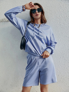 Ensemble sweat à capuche et short bleu clair pour femme, coupe ample, décontracté, deux pièces, en coton tricoté, tenue printemps-été - Product Image 5