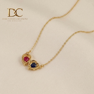 14KT <b>Solid</b> Yellow <b>Gold</b> Necklace <b>Pendant</b> with Lab Grown Diamond and Lab Grown Pink Tourmaline and Blue Sapphire Women's Jewelry - Product Image 5