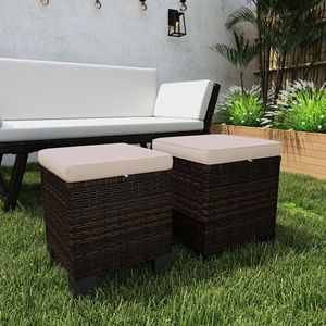 Set di 2 Pouf in Vimini Crema per Esterni con Cuscini e Poggiapiedi in Rattan per Giardino e Bordo Piscina - Product Image 2