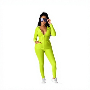 Conjunto Deportivo de Mujer con Capucha en Verde Neón, Cierre Completo con Cremallera, Estilo Deportivo, Spandex y Algodón, Color Sólido, Corte Regular, Transpirable - Product Image 6