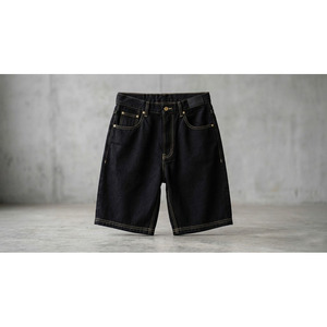 Shorts en jean délavé foncé pour homme, taille haute, coupe droite, décontracté, été, en coton, style baggy, avec poches et surpiqûres - Product Image 1