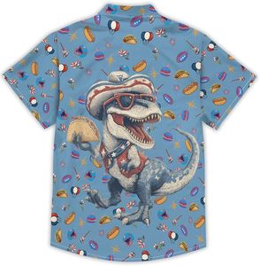 Chemise Hawaïenne Homme Imprimé Dinosaure Dessin Animé Manches Courtes Vacances d'Été Col Rabattu Respirant Polyester Popeline - Product Image 3