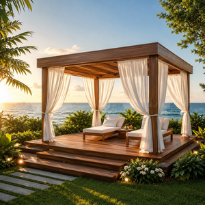 Gazebo de Madera de Teca de Lujo para Exteriores con Cortinas, Moderno, para Resort, Junto a la Piscina, Jardín, Villa, Hotel, Muebles Personalizados - Product Image 1