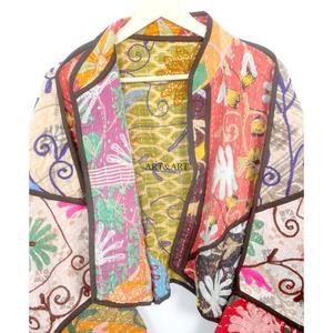 Vintage Quilted Kantha <b>Jackets</b> 100% Cotton Eco-Friendly Reversible Quick Dry Mandarin Collar Customizable Open Closure Detail - Product Image 4