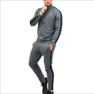 Men’s Gray Tracksuit Set <b>Zip</b> Up Jacket and <b>Jogger</b> Pants Sportswear Two Piece Training Suit with Side Stripe Design - Product Image 1