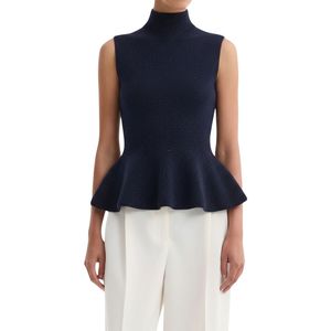 Camiseta sin mangas de punto camel para mujer, suéter con dobladillo peplum, cuello alto, ajuste ceñido, tejido acanalado, parte delantera corta, a la moda - Product Image 2
