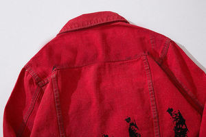 Brand New Unisex Red Vintage Winter Y2K Denim Jacket Hip-Hop Loose Fit Big Size Button Striped Patchwork Formal Workwear Letter - Product Image 3