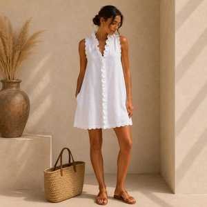 White Sleeveless V-Neck A-Line Mini <b>Dress</b> with Ruffle Trim Casual Summer 100% Cotton <b>Loose</b> Fit Boho ODM - Product Image 2