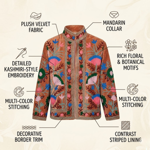 Chaqueta Bomber de Terciopelo Marrón con Bordado |   Blusa Floral con Cuello Mao para Mujer, Prenda Casual Hecha a Mano, Obra Maestra con Forro de Algodón - Product Image 6