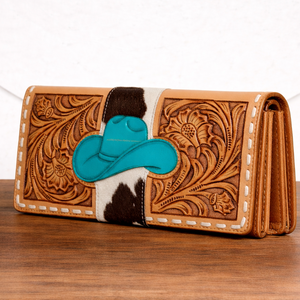 กระเป๋าหนังแท้ทำมือ ตกแต่งลายหนังวัวแบบมีขน พร้อมหมวกคาวบอยสีเทอร์ควอยซ์ สไตล์ตะวันตก กระเป๋าสตางค์ผู้หญิงแบบซิป - Product Image 2
