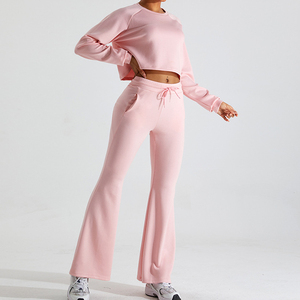 Brown Two Piece Sweatshirt Set for Women <b>Crop</b> Top Pullover and Flare Leg Pants Casual Soft Lounge Outfit for Daily Wear - Product Image 2