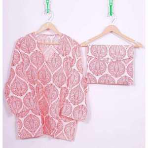 Ensemble pyjama 2 pièces en satin 100 % coton pour femme, motif ethnique imprimé à la main, taille élastique, manches longues, design simple, collection automne 2026 - Product Image 2