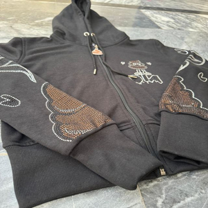Sudadera con capucha para hombre 100% algodón, estilo urbano, con cremallera, bordado personalizado de pedrería negra, corte regular, estilo robusto, con bolsillo de forro polar - Product Image 2