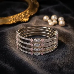 Fancy Designer Premium Quality Silver Tone CZ Stones Look Two <b>Set</b> Of <b>Bangles</b> Wedding Party Wear Collection for Women Girls - Product Image 1