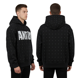 Sweat à capuche personnalisé pour homme, épais, avec strass, style streetwear, imprimé graphique oversize, noir, effet vieilli, livraison directe - Product Image 4