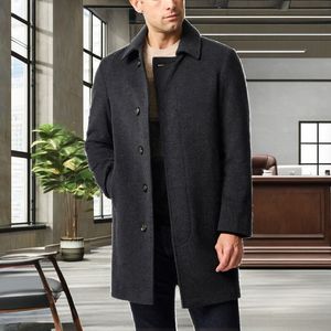 Manteau long en laine 100 % pour homme, couleur anthracite foncé, col rabattu, fermeture à boutons simple, épaisseur standard, uni - Product Image 2