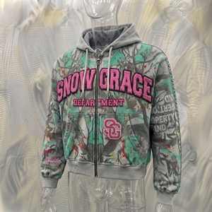 Snow Grace <b>Cropped</b> <b>Zip</b>-<b>Up</b> <b>Hoodie</b> Unisex Oversized Fit Streetwear Print Design With Pocket And Distressed Details - Product Image 4