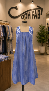Blue <b>White</b> Floral Stripe Kaftan Gown Bandeau Neck Loose Fit Regular Fit Long <b>Maxi</b> Casual Summer Wear Simple Woven 1 Piece - Product Image 4