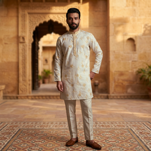 <b>Men</b> Cream Embroidered <b>Kurta</b> Pajama Set Regular Fit Traditional Indian Pakistani Knee-Length Cotton Wedding Wear - Product Image 1