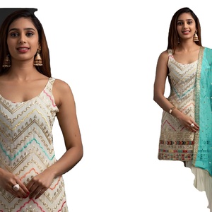 Collection de Salwar Kameez pour femmes pakistanaises, dernière collection de designers, en faux chiffon lourd, lavable, séchage rapide, coupe régulière en A. - Product Image 2