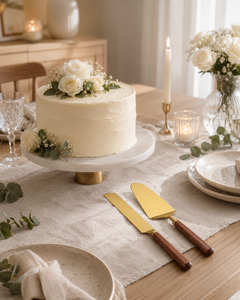 Ensemble de couteau et spatule à gâteau moderne doré, manches en bois, acier inoxydable poli miroir, couverts élégants pour gâteau de mariage, lavage à la main - Product Image 3