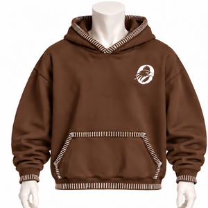 Winter Chocolate Brown Stitched Border Distressed Fleece <b>Oversized</b> Pullover <b>Hoodie</b> Contrast <b>Stitch</b> Kangaroo Pocket Casual - Product Image 1