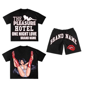 280 GSM Cotton Polyester Women T Shirt Short <b>Set</b> Black Graphic Puff Print DTG Custom Logo 100% Cotton T shirt & Short <b>Set</b> - Product Image 1