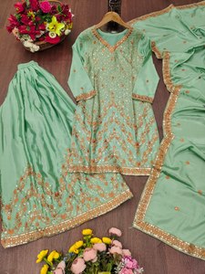 Pista Green Chinon Sharara Suit Sequence Embroidery v Neck <b>Top</b> Elastic Waist Bottom Dupatta Elegant <b>Party</b> Wear Women Quick Dry - Product Image 6