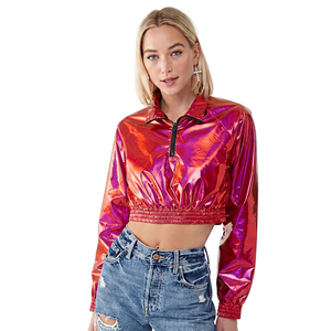 Y2K Metallic Stretch Cropped Bomber Jacket Full Sleeve Hooded Collar <b>Zipper</b> Closure Polyester Spring Women's Streetwear Fashion - Product Image 1