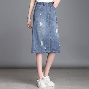 Women's Straight Denim <b>Knee</b>-Length Skirts <b>High</b> Waist Embroidery Vintage Floral Print Ripped Y2K Street Fashion Autumn - Product Image 6