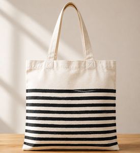 Sac fourre-tout en toile de coton rayé noir écologique, grande capacité, style nautique, sac à main pour femme, réutilisable - Product Image 3