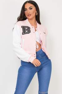 Chaqueta bomber varsity rosa personalizada para mujer, chaqueta de béisbol con slogan, chaqueta corta de lana y chaqueta tipo letterman para mujer - Product Image 3