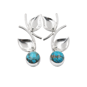 Boucles d'oreilles clous en argent sterling 925 avec turquoise bleue et motif feuille, faites à la main, inspirées de la nature, bijoux pour femme, cadeau pour anniversaire - Product Image 1