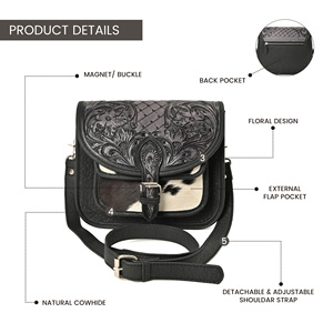 Sac bandoulière carré en cuir de vachette style safari avec franges et pompons pour filles, sac à bandoulière en cuir de vache à poils apparents - Product Image 4
