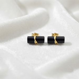 Ratnarachit <b>Black</b> Onyx <b>Earrings</b> 12x5mm Rounded Rectangle Wire Wrapped Gold Plated Minimalist <b>Studs</b>-Gift - Product Image 3