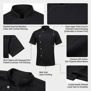 Black <b>Mandarin</b> <b>Collar</b> Double Breasted Chef <b>Jacket</b> Men Workwear Style Regular Fit Polyester Solid Color Long Sleeve - Product Image 5