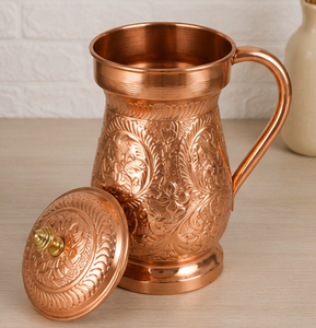 Pichet à eau en cuivre artisanal avec couvercle, design floral embossé vintage, grande capacité, vaisselle pour la maison, bien-être ayurvédique indien - Product Image 3
