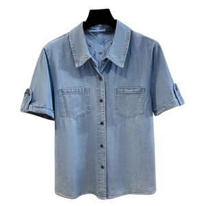 เสื้อเชิ้ตเดนิมแขนสั้นผู้หญิง สีอ่อน ทรงลำลอง กระดุมติด ผ้าฝ้าย 100% ระบายอากาศ แห้งเร็ว เสื้อคลุมฤดูร้อน - Product Image 1