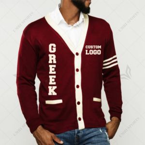 <span class=keywords><strong>Cardigan</strong></span> Greco Ricamato Personalizzato da Donna, Scollo a V, Lavorato a Maglia, Maniche Lunghe, Stile Preppy, Bordeaux con Bordi Crema - Product Image 2