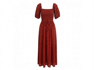 Robe longue en coton tissé sans col, manches courtes bouffantes, coupe ample, motif imprimé, pour femme, tenue de soirée d'été avec poches - Product Image 2