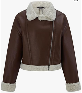 Women's Faux Shearling Cafe Racer Moto <b>Jacket</b> Thick <b>Fur</b> <b>Lined</b> Sherpa Leather Coat Winter Outerwear Finished - Product Image 1