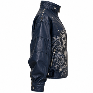 <b>Navy</b> Blue <b>Women</b> Genuine Leather Biker Jacket Custom Stand Collar Floral Portrait Artwork Studded OEM Factory Supplier - Product Image 3