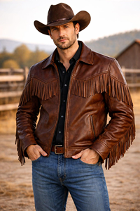 Authentic <b>Men</b>’s Cowboy Fringe <b>Leather</b> <b>Jacket</b> <b>Brown</b> Vintage Western Style Genuine <b>Leather</b> Coat with Tassel Detail - Product Image 4